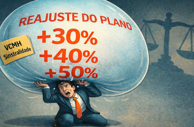 Ilustração de homem sobrecarregado com bolha de reajuste do plano de saúde de 30%, 40% e 50% representando VCMH por sinistralidade