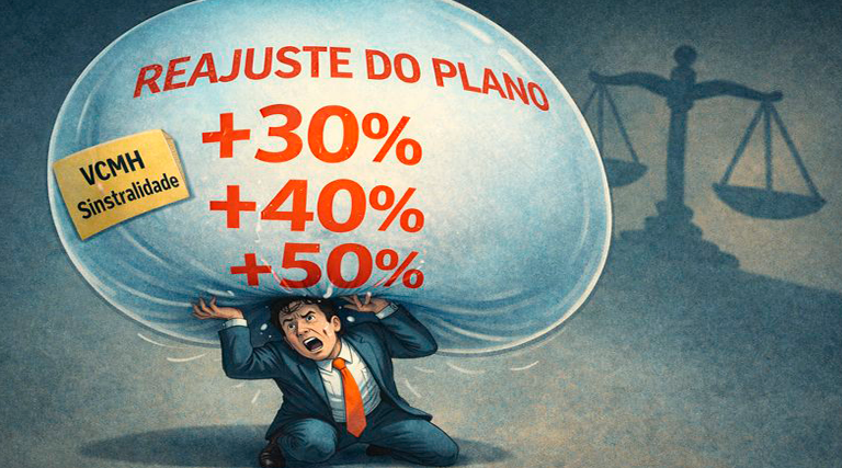 Ilustração de homem sobrecarregado com bolha de reajuste do plano de saúde de 30%, 40% e 50% representando VCMH por sinistralidade