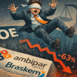 Investidor vendado caindo em buraco com logos Ambipar e Braskem e perdas de -63% a -93% representando necessidade de advogado especialista COE