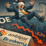 Investidor vendado caindo em buraco com logos Ambipar e Braskem e perdas de -63% a -93% representando necessidade de advogado especialista COE