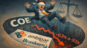 Investidor vendado caindo em buraco com logos Ambipar e Braskem e perdas de -63% a -93% representando necessidade de advogado especialista COE