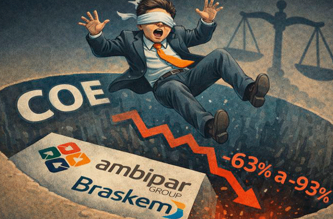Investidor vendado caindo em buraco com logos Ambipar e Braskem e perdas de -63% a -93% representando necessidade de advogado especialista COE