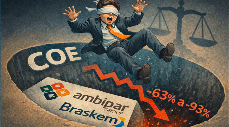 Investidor vendado caindo em buraco com logos Ambipar e Braskem e perdas de -63% a -93% representando necessidade de advogado especialista COE