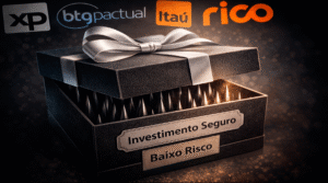 Caixa presente preta rotulada como investimento seguro e baixo risco com espinhos em seu interior e logos de XP, BTG Pactual, Itaú e Rico ao fundo, simbolizando investidor que precisa de advogado para processar corretora por investimento inadequado