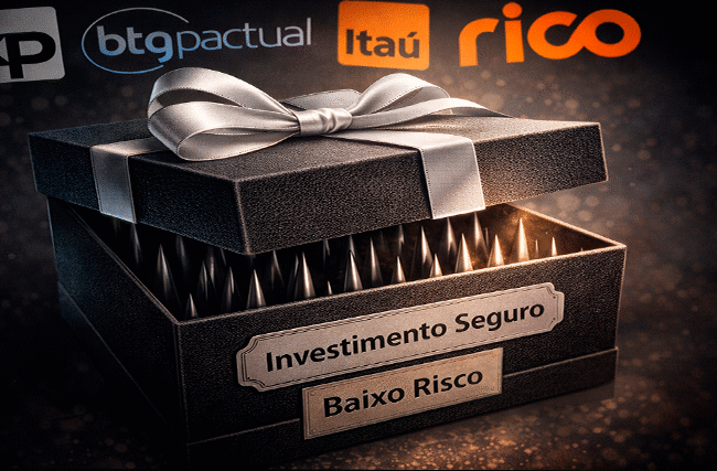 Caixa presente preta rotulada como investimento seguro e baixo risco com espinhos em seu interior e logos de XP, BTG Pactual, Itaú e Rico ao fundo, simbolizando investidor que precisa de advogado para processar corretora por investimento inadequado