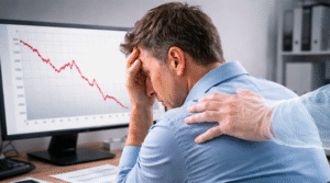 Homem com a cabeça apoiada nas mãos em frente ao computador com gráfico de queda em vermelho representando prejuízo financeiro enquanto outra pessoa coloca a mão em seu ombro em gesto de apoio, ilustrando a necessidade de um advogado para quem perdeu dinheiro em investimento