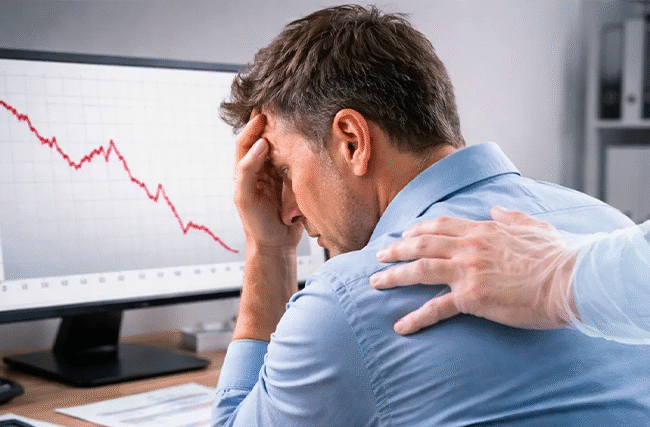 Homem com a cabeça apoiada nas mãos em frente ao computador com gráfico de queda em vermelho representando prejuízo financeiro enquanto outra pessoa coloca a mão em seu ombro em gesto de apoio, ilustrando a necessidade de um advogado para quem perdeu dinheiro em investimento