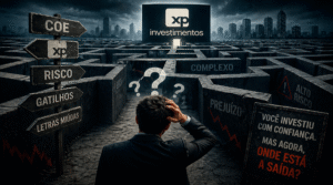 Investidor de terno diante de labirinto gigante com placas de COE Risco Gatilhos Letras Miúdas Prejuízo e logo da XP Investimentos ao fundo representando Ambipar XP Investimentos o que fazer se você perdeu dinheiro nos COEs