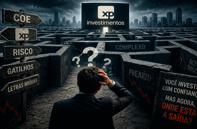 Investidor de terno diante de labirinto gigante com placas de COE Risco Gatilhos Letras Miúdas Prejuízo e logo da XP Investimentos ao fundo representando Ambipar XP Investimentos o que fazer se você perdeu dinheiro nos COEs