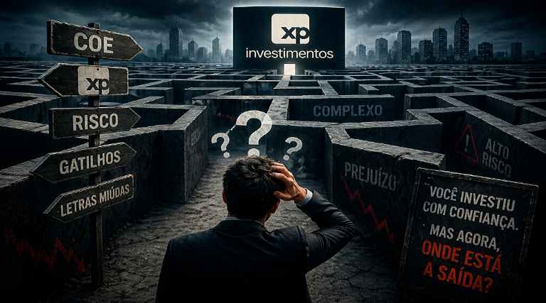 Investidor de terno diante de labirinto gigante com placas de COE Risco Gatilhos Letras Miúdas Prejuízo e logo da XP Investimentos ao fundo representando Ambipar XP Investimentos o que fazer se você perdeu dinheiro nos COEs