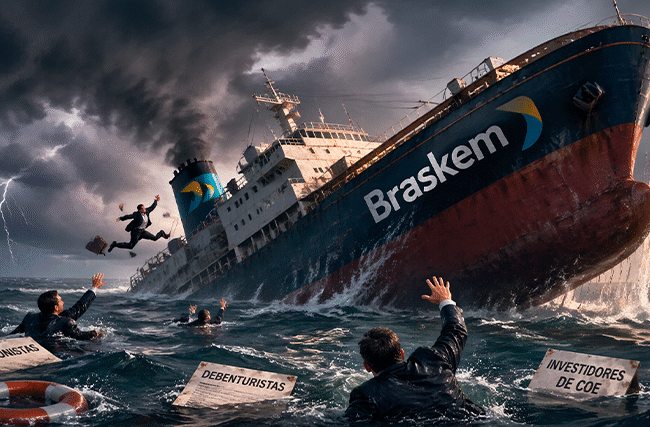 Ilustração de navio Braskem naufragando em tempestade com pessoas na água segurando placas de Acionistas Debenturistas e Investidores de COE representando Braskem em recuperação judicial
