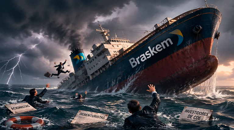 Ilustração de navio Braskem naufragando em tempestade com pessoas na água segurando placas de Acionistas Debenturistas e Investidores de COE representando Braskem em recuperação judicial