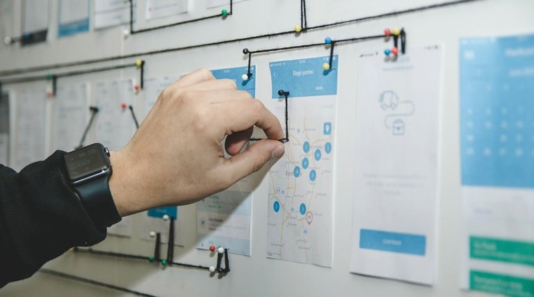 Mão organizando linha do tempo com etapas de registro e financiamento de compra e venda de imóvel em quadro