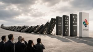 o que aconteceu com a ambipar?: Executivos observam dominós gigantes caindo em direção a peça com logo da Ambipar
