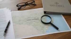 Advogado em Santa Catarina: Lupa destacando mapa de Santa Catarina sobre mesa com documentos e pasta jurídica para busca