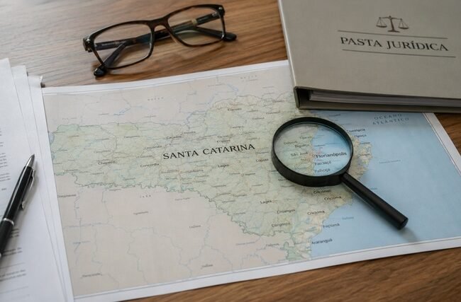 Advogado em Santa Catarina: Lupa destacando mapa de Santa Catarina sobre mesa com documentos e pasta jurídica para busca