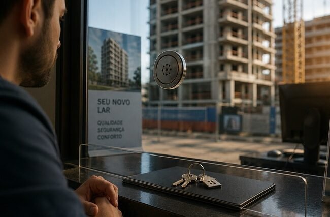 atraso entrega imovel na planta: Comprador aguarda atendimento em estande de vendas observando obra em construção ao fundo