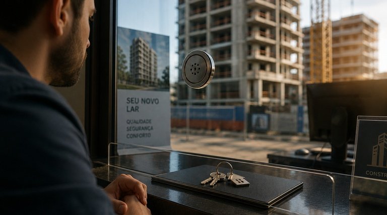 atraso entrega imovel na planta: Comprador aguarda atendimento em estande de vendas observando obra em construção ao fundo