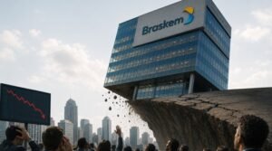 Braskem vai falir?: Edifício da Braskem à beira de precipício enquanto investidores observam gráfico de queda no mercado