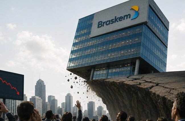 Braskem vai falir?: Edifício da Braskem à beira de precipício enquanto investidores observam gráfico de queda no mercado