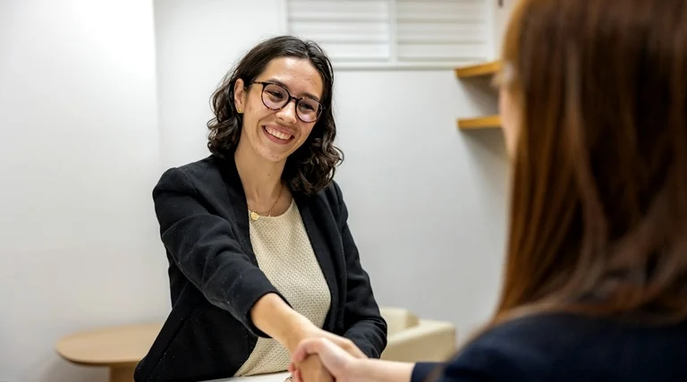 Advogado Holding Familiar Cumprimentando Cliente Advogado holding familiar: profissional de blazer preto cumprimentando cliente em ambiente corporativo