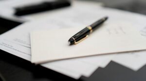 imóvel quitado e não entregue: Caneta sobre documentos contratuais relacionados à quitação e entrega de imóvel