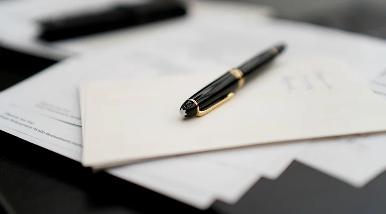 imóvel quitado e não entregue: Caneta sobre documentos contratuais relacionados à quitação e entrega de imóvel